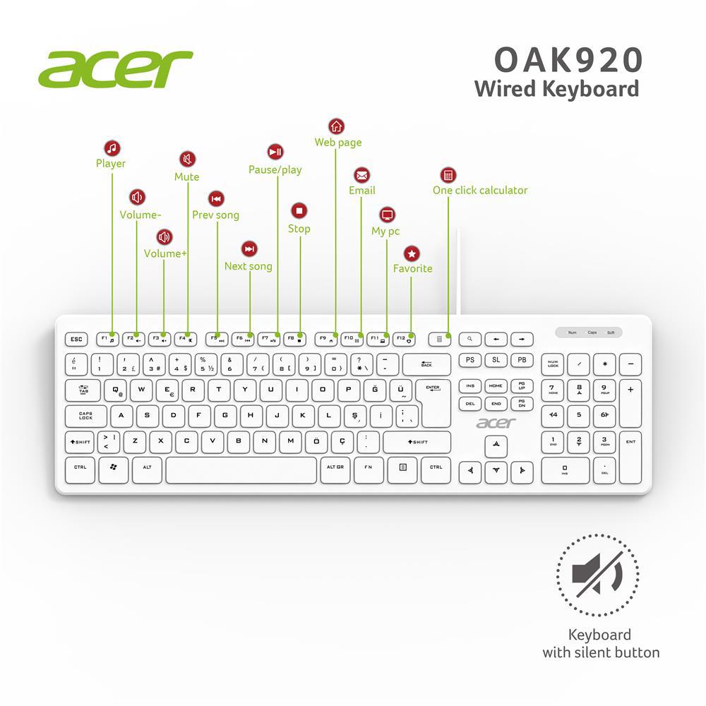Acer OAK920 Q Usb Beyaz 1.8mt Kablolu Klavye-Tek Tuş Hesap Makina