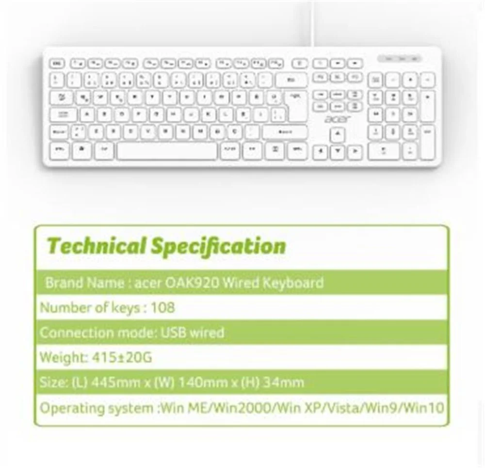 Acer OAK920 Q Usb Beyaz 1.8mt Kablolu Klavye-Tek Tuş Hesap Makina