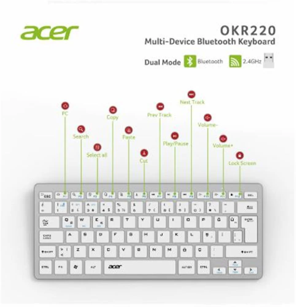 Acer OKR220 Beyaz MultiDevice Dual Mode 2.4GHZ Bluetooth Klavye (