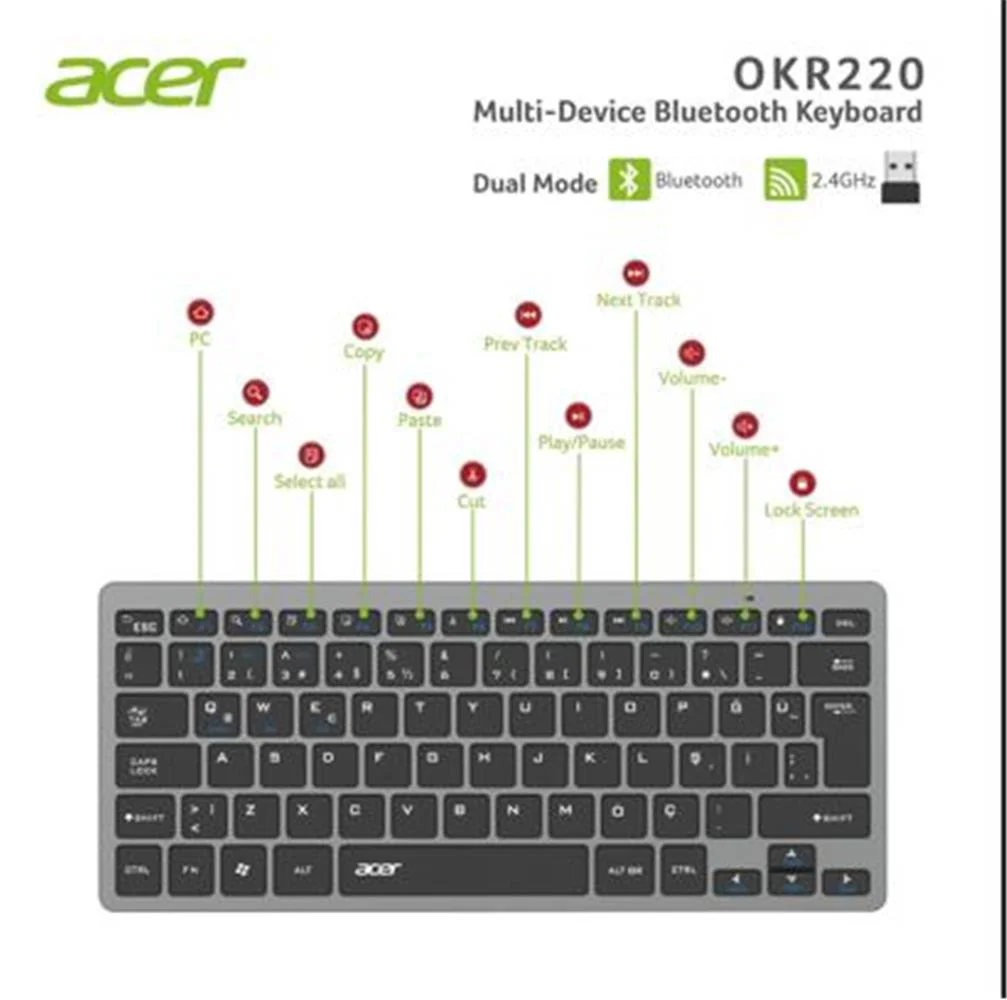 Acer OKR220 Siyah MultiDevice Dual Mode 2.4GHZ Bluetooth Klavye (