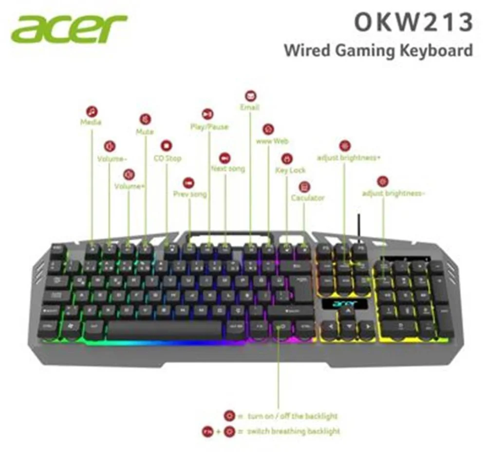 Acer OKW213 Gri RGB Rainbow Backlit Gaming Keyboard Rainbow (Kabl