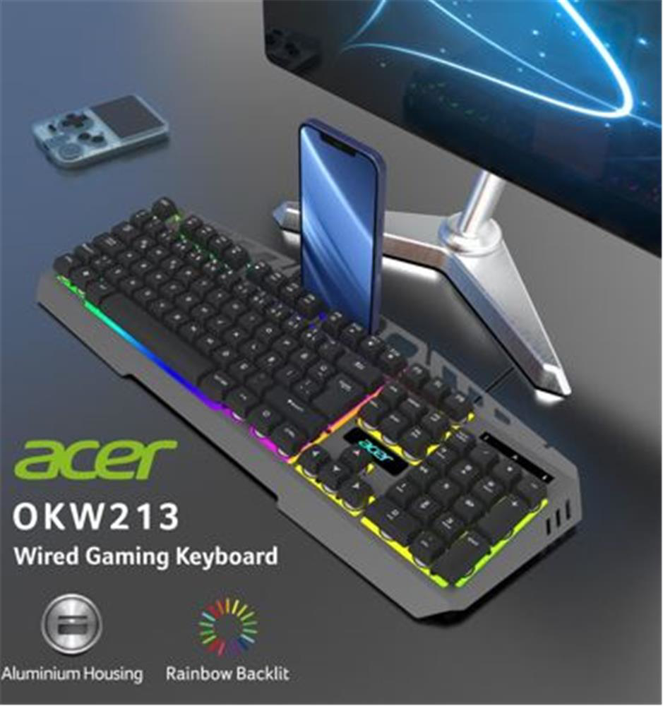 Acer OKW213 Gri RGB Rainbow Backlit Gaming Keyboard Rainbow (Kabl