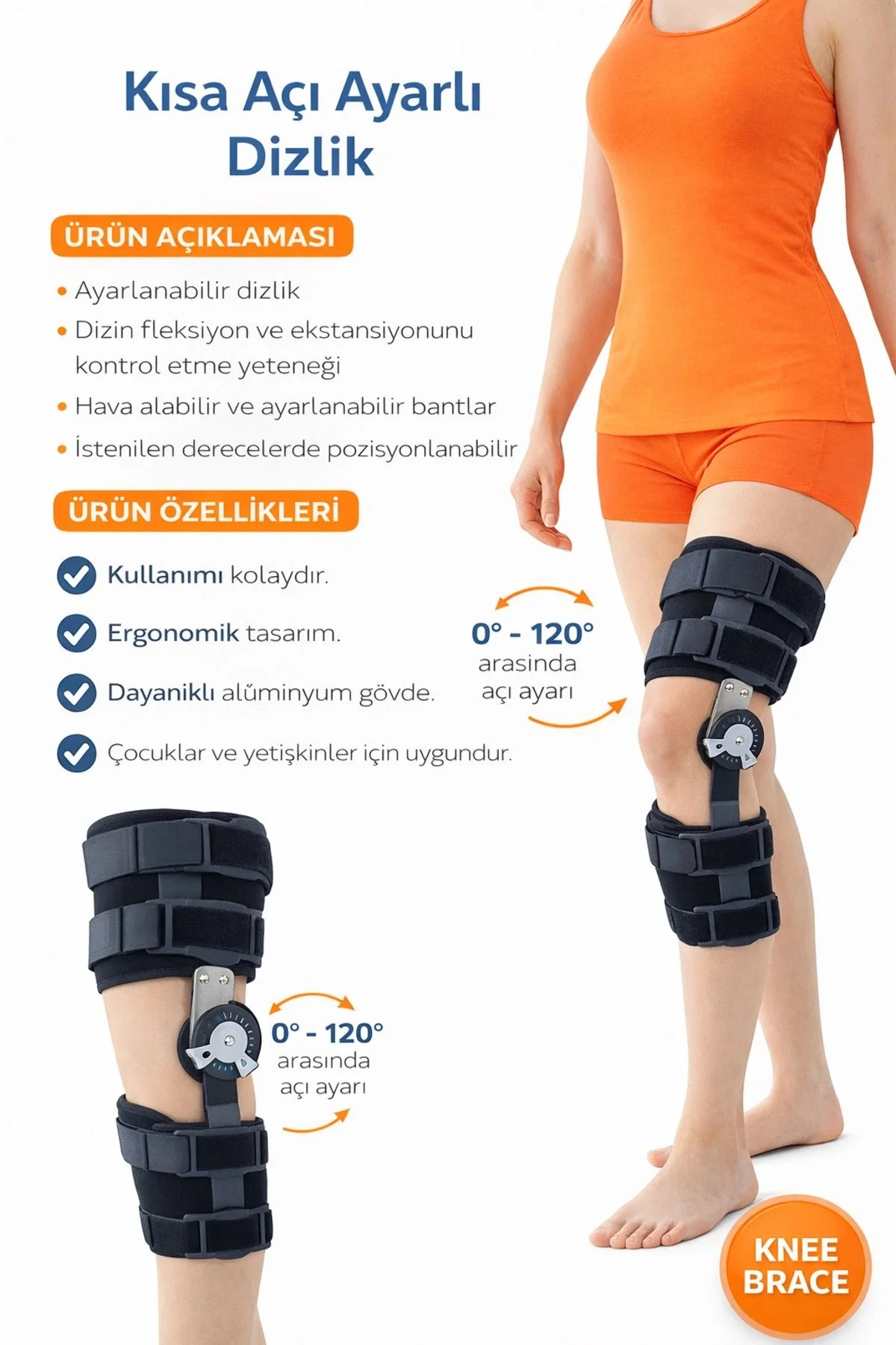 Açı Ayarlı Alüminyum Destekli Ortopedik Dizlik 0-120 Derece Hareket Kontrollü Model