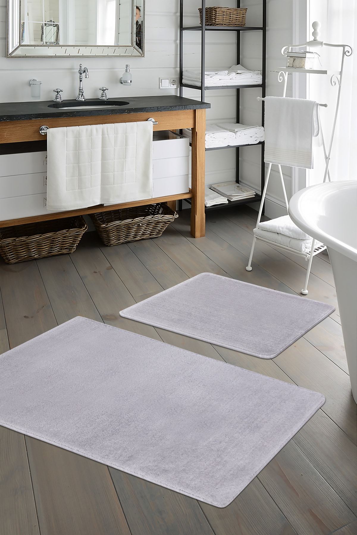 Açık Gri Ikili Banyo Paspası Klozet Takımı Post Dokuma Peluş Halı