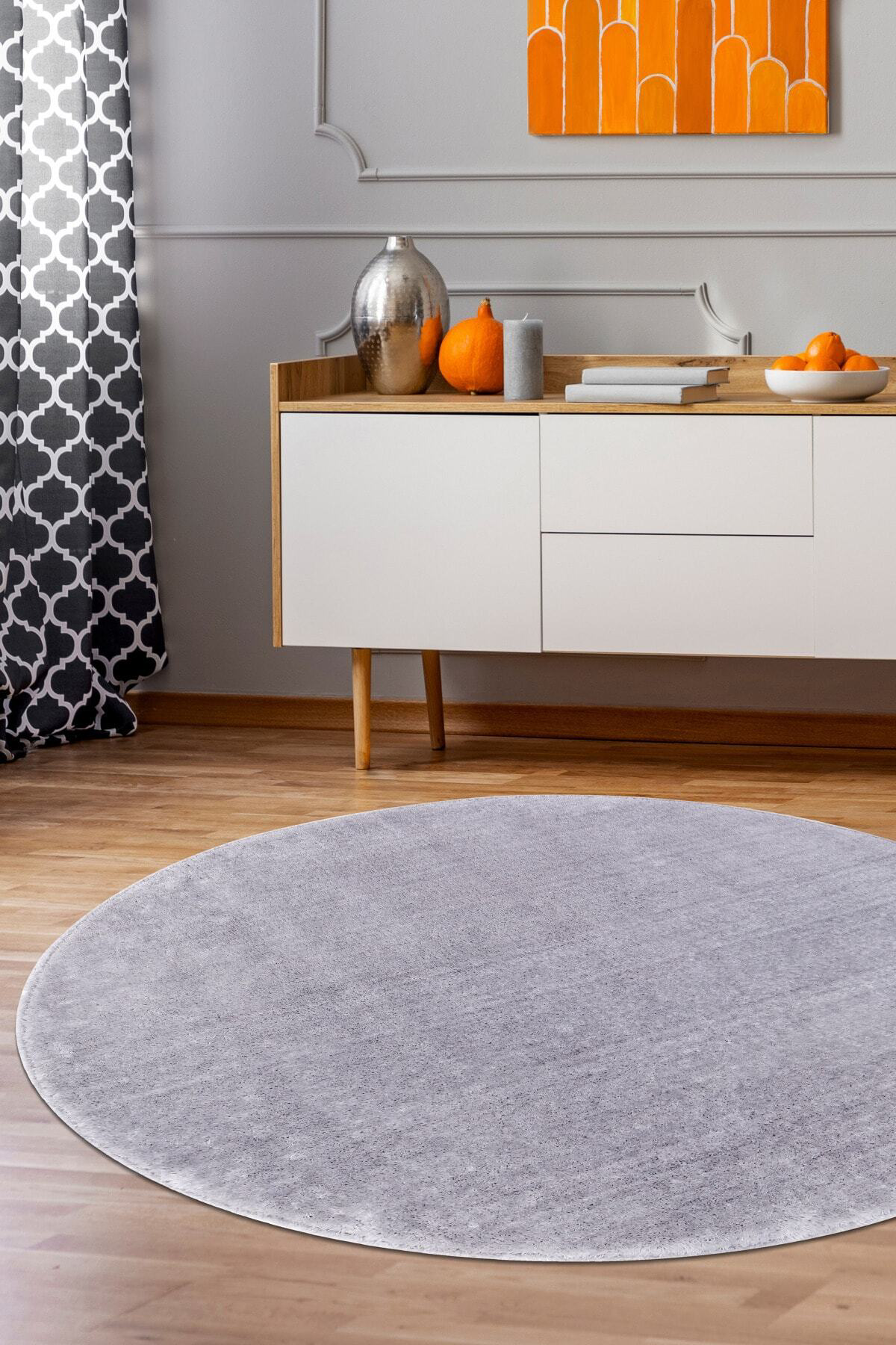 Açık Gri Yuvarlak Post Dokuma Halı Peluş Tavşan Tüyü Hissi Antibakteriyel 150X150