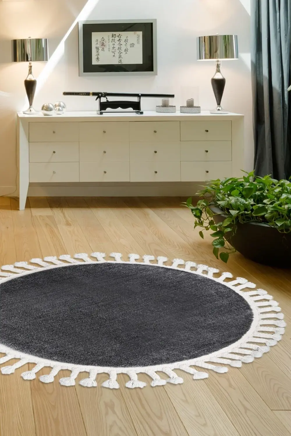 Açık Gri Yuvarlak Post Dokuma Halı Peluş Tavşan Tüyü Hissi Antiba