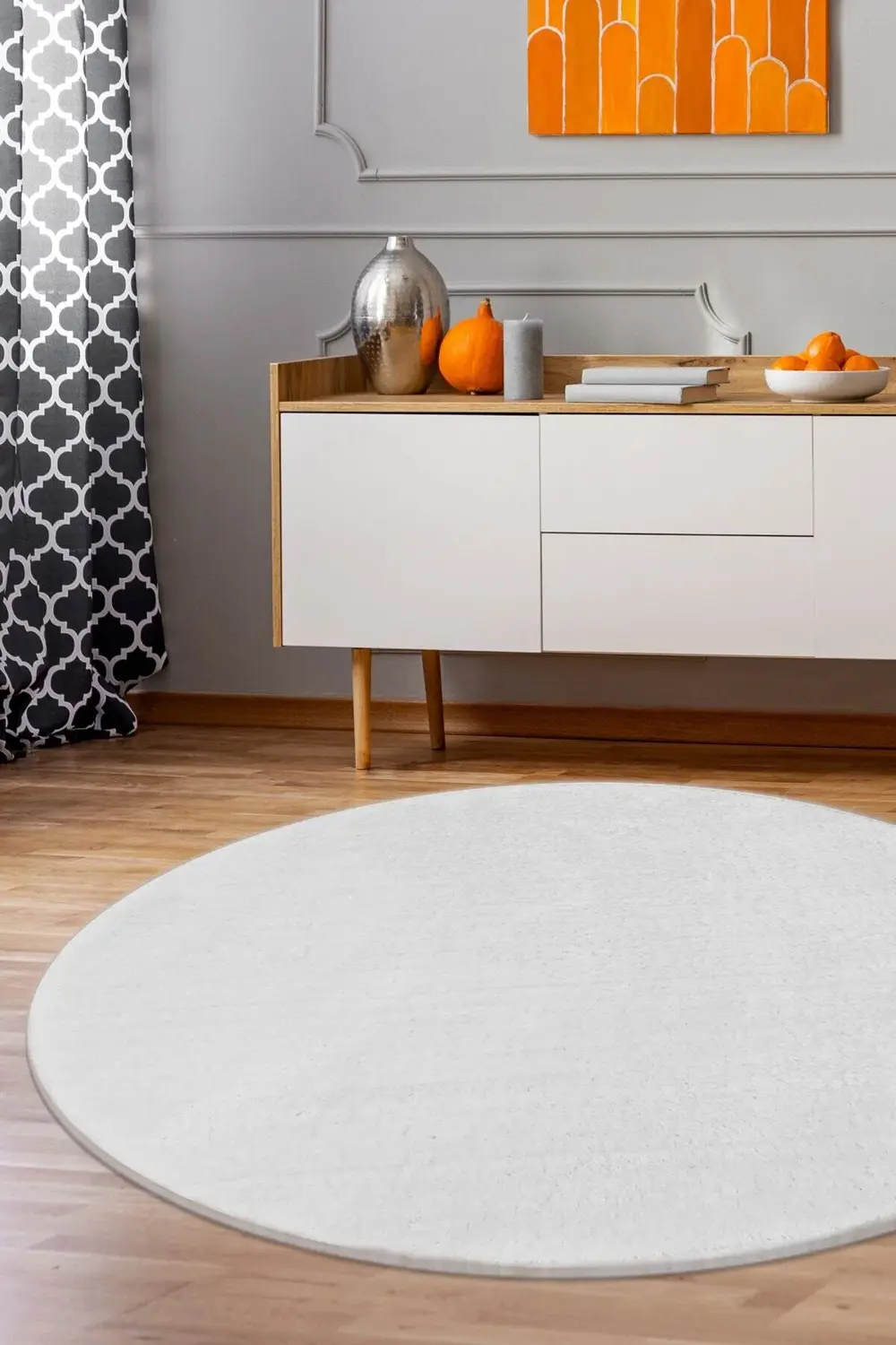 Açık Gri Yuvarlak Post Dokuma Halı Peluş Tavşan Tüyü Hissi Antiba