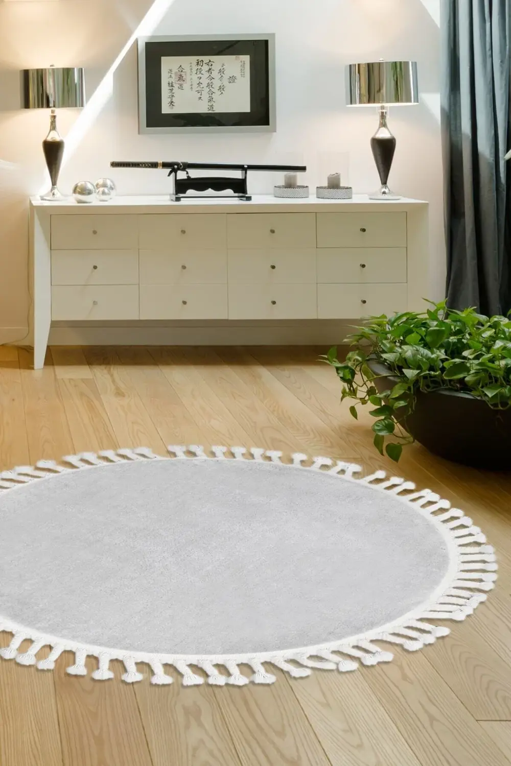 Açık Gri Yuvarlak Post Dokuma Halı Püsküllü Peluş Halı Antibakter