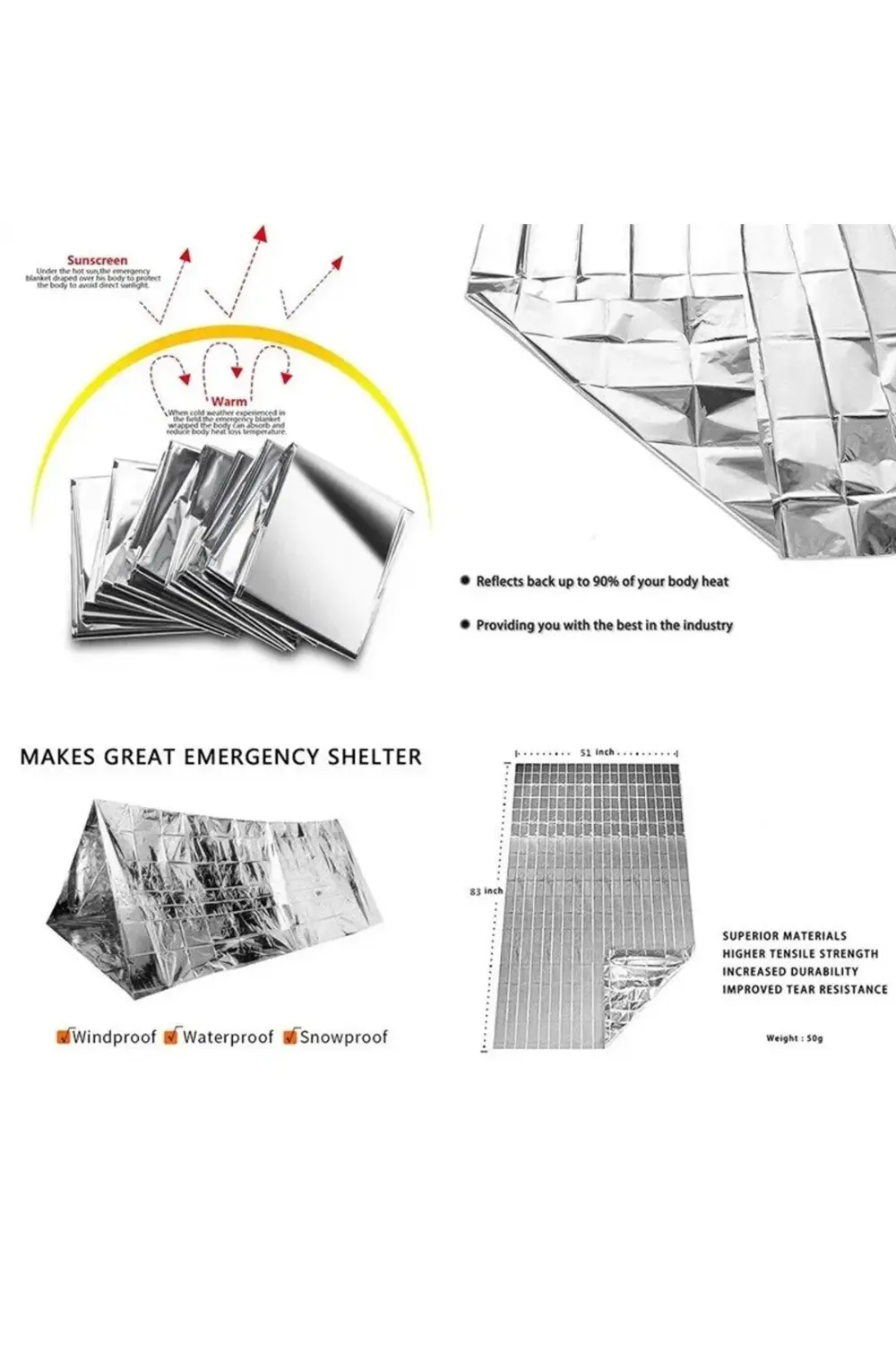 Açık Hava Kampı için Termal Battaniye Alüminyum Kurtarma Perdesi