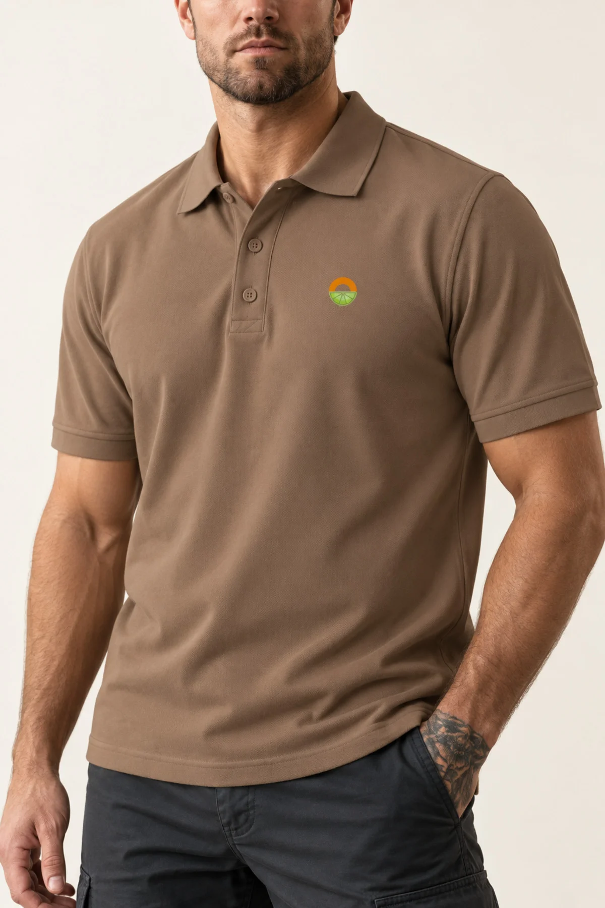 Açık Kahverengi Minimalist Logolu Polo Yaka Kısa Kollu Tişört