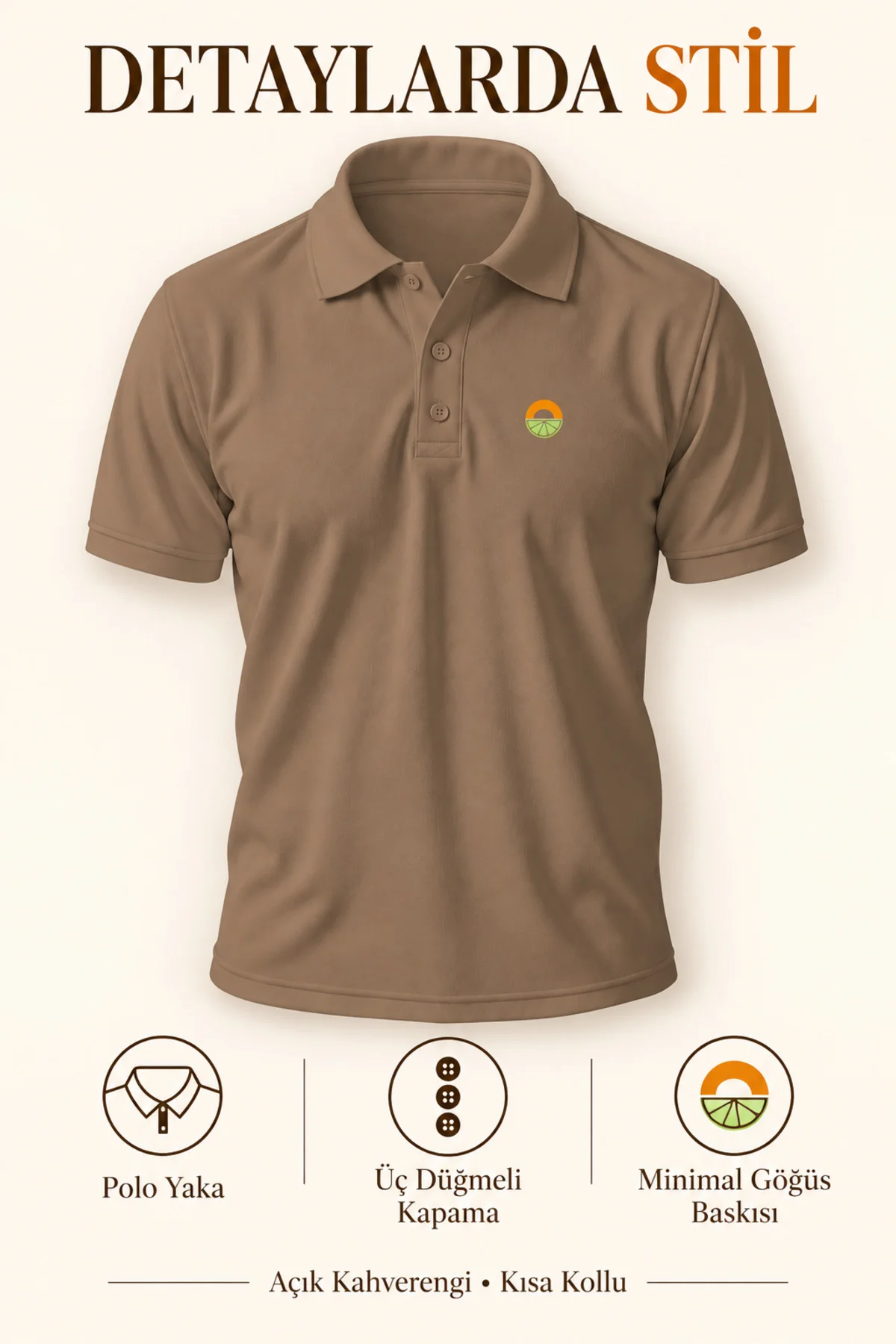 Açık Kahverengi Minimalist Logolu Polo Yaka Kısa Kollu Tişört