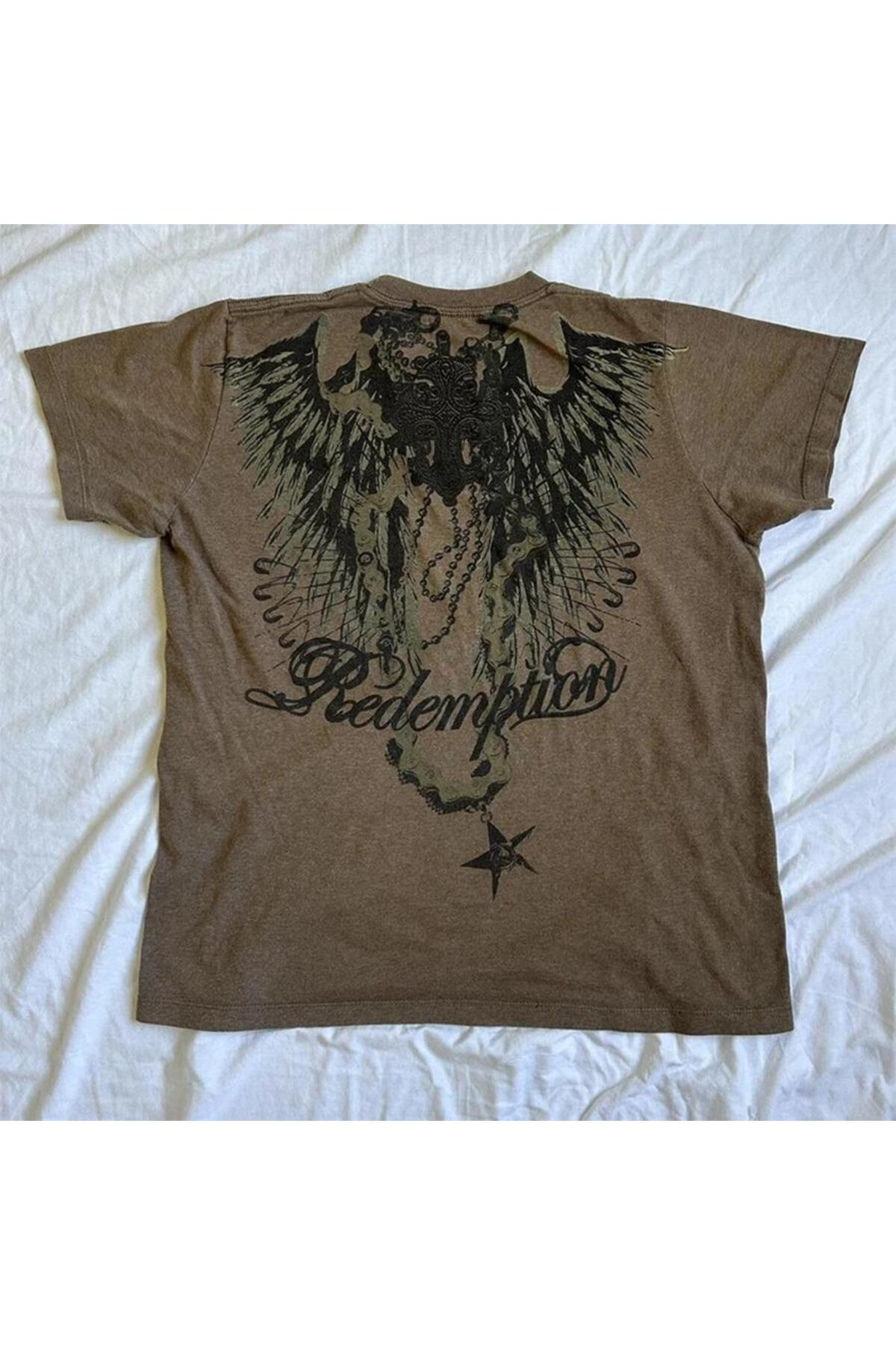 Açık Kahverengi Retro Redemption Cross Cyber Grunge Unisex T-shirt