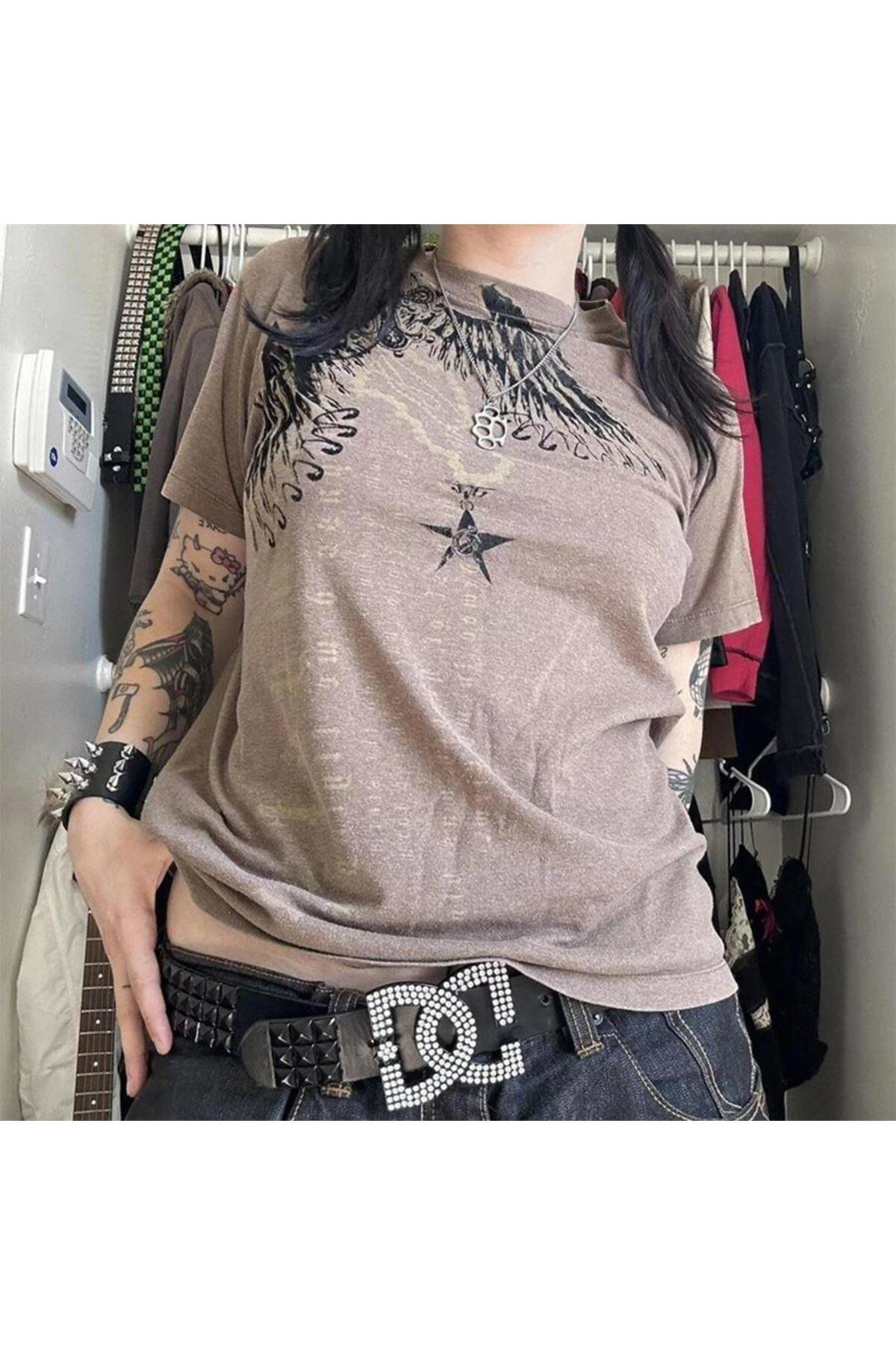 Açık Kahverengi Retro Redemption Cross Cyber Grunge Unisex T-shirt