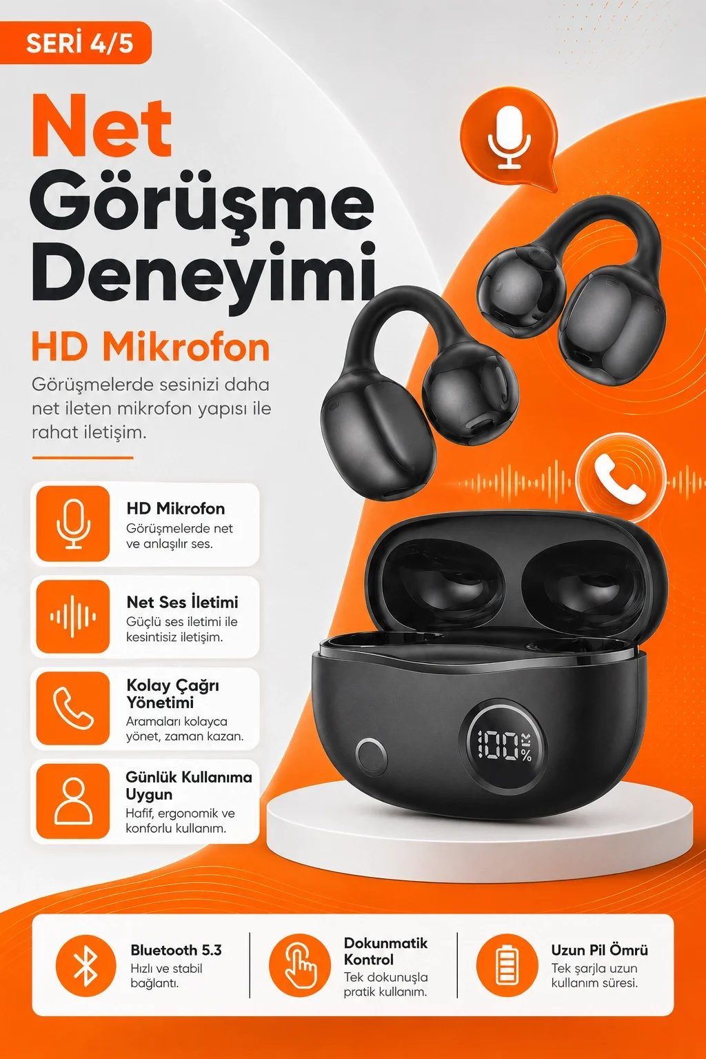 Açık Kulak Tasarımlı Kablosuz Kulaklık Spor Ve Günlük Kullanım İçin Şarjlı Set