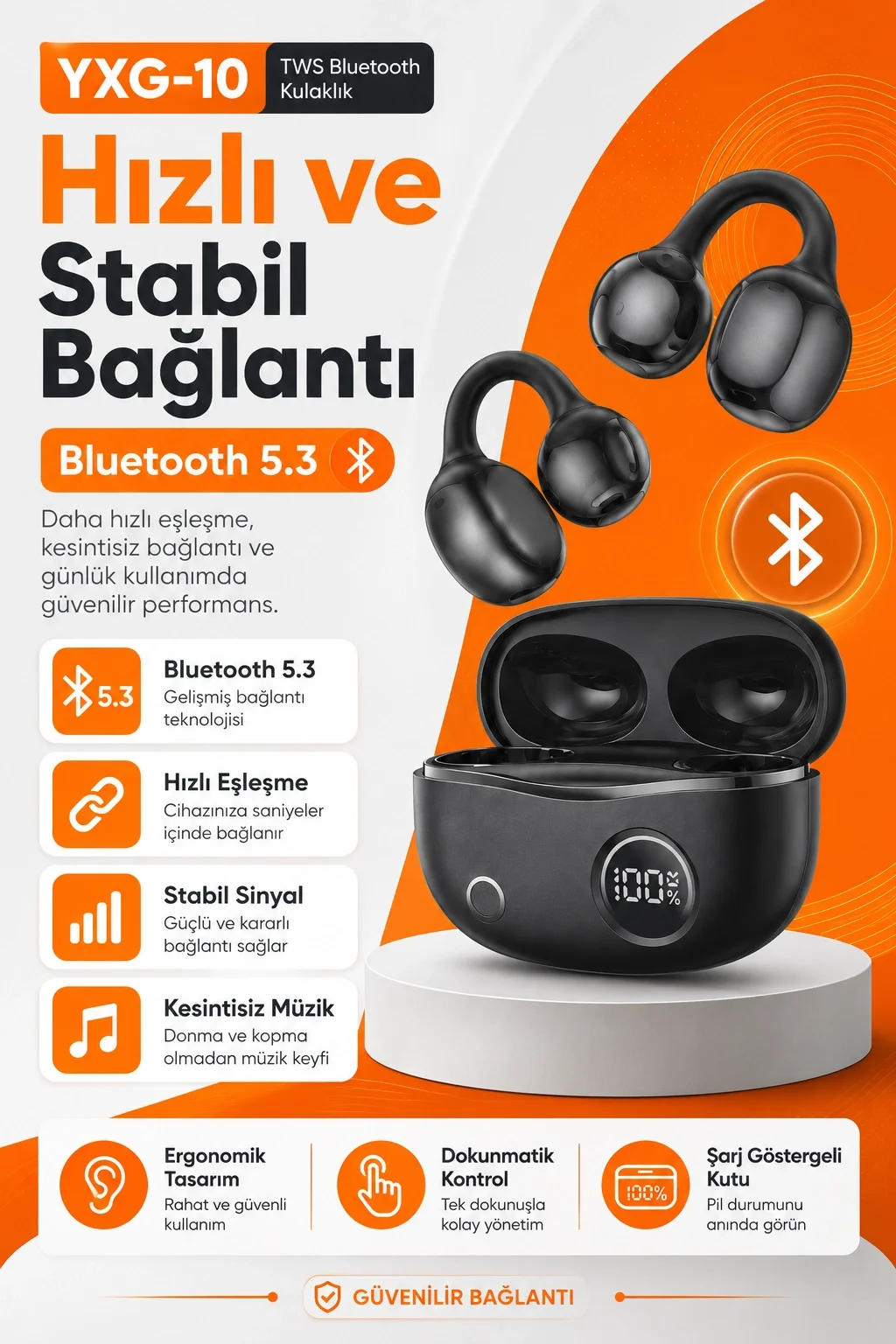 Açık Kulak Tasarımlı Kablosuz Kulaklık Spor Ve Günlük Kullanım İçin Şarjlı Set