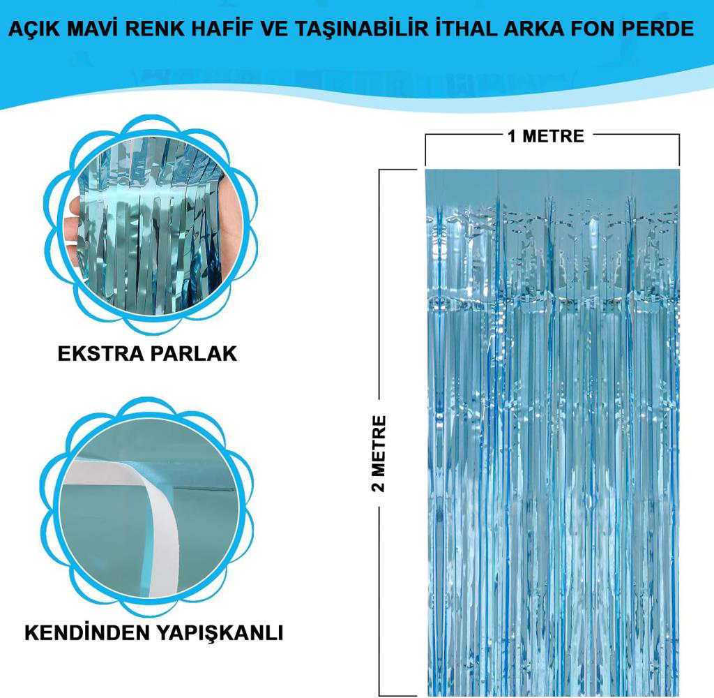 Açık Mavi Renk Ekstra Metalize Parlak Saçaklı Arka Fon Perde İtha Açık Mavi Renk Ekstra Metalize Parlak Saçaklı Arka Fon Perde İtha
