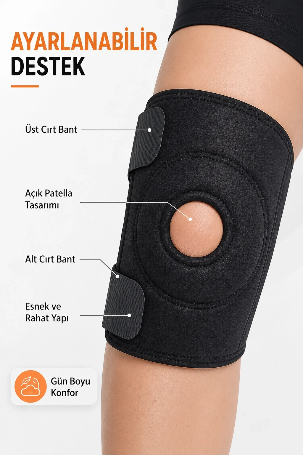 Açık Patella Destekli Dizlik Ayarlanabilir Cırtlı Spor Diz Bandajı Koruyucu Ortez