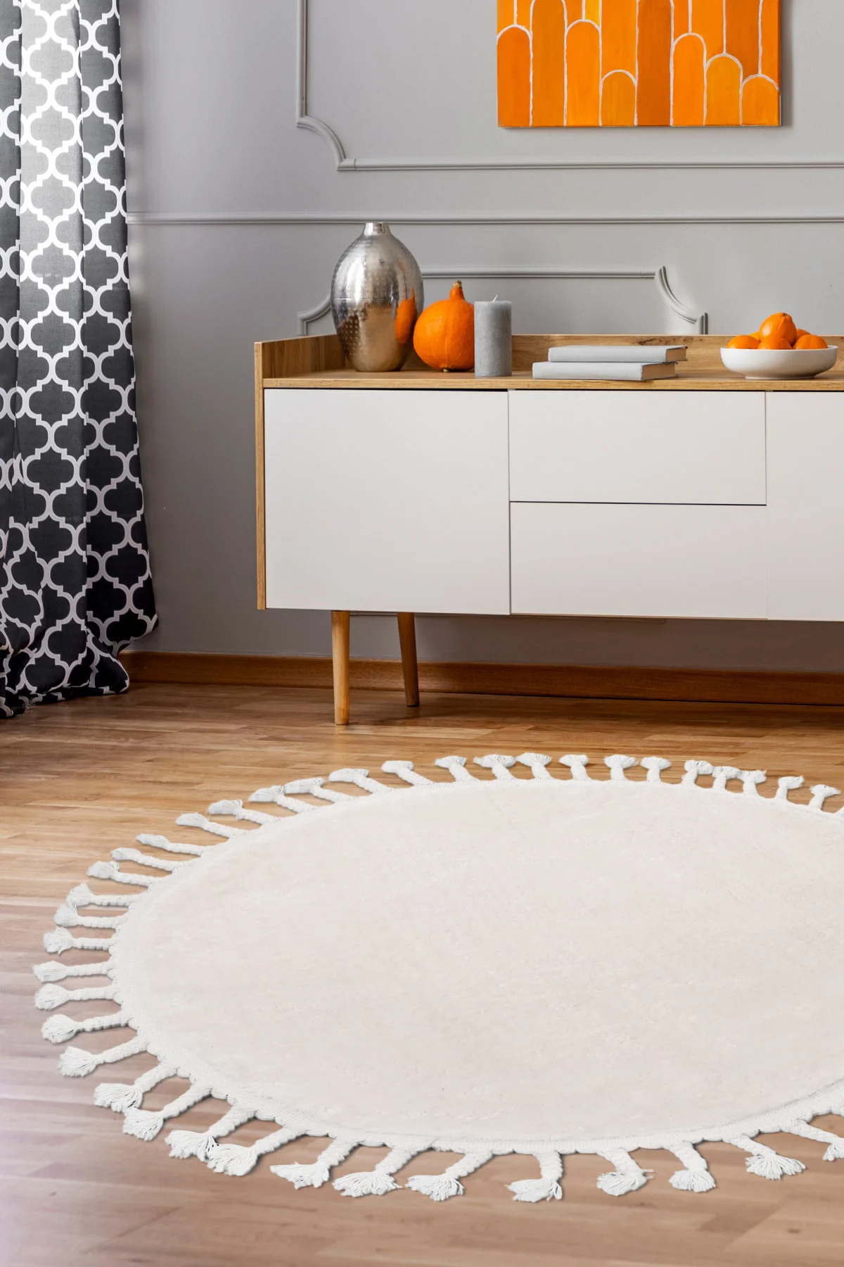 Açık Vizon Yuvarlak Post Peluş Halı Antibakteriyel Banyo Paspası 80x80