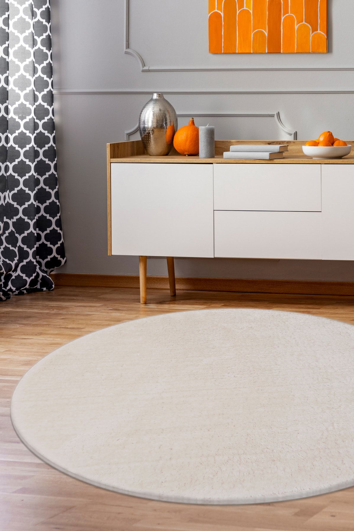 Açık Vizon Yuvarlak Post Dokuma Halı Peluş Yumuşacık Antibakteriyel Banyo Paspası 80x80