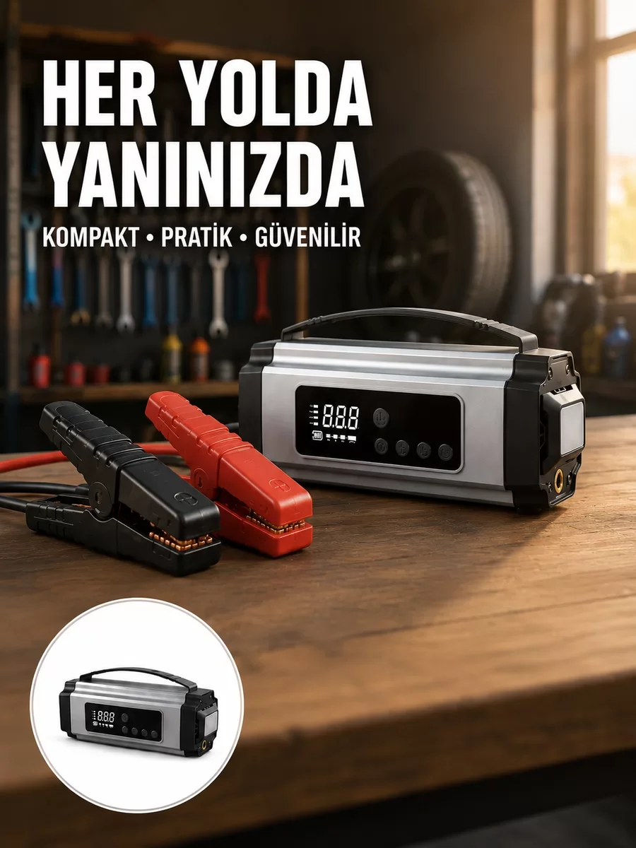 Acil Durumlar İçin Çok Fonksiyonlu Araç Akü Takviyesi ve Hava Kompresörü - Yolculuklarınızı Güvence Altına Alın