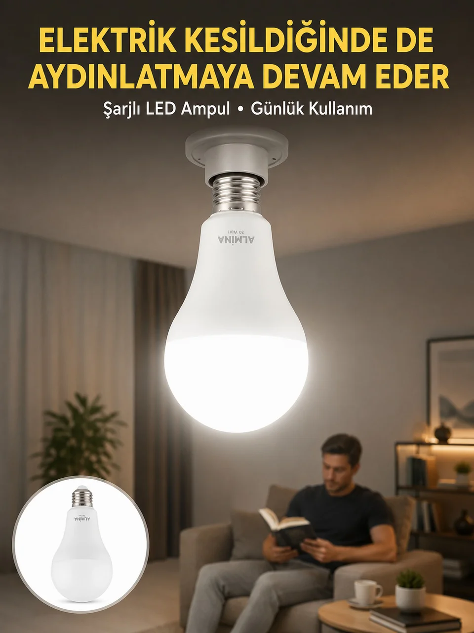 Acil Durumlar İçin Şarjlı Led Ampul 6400k Soğuk Beyaz 30 Watt Yeni Nesil - Lisinya Diğer