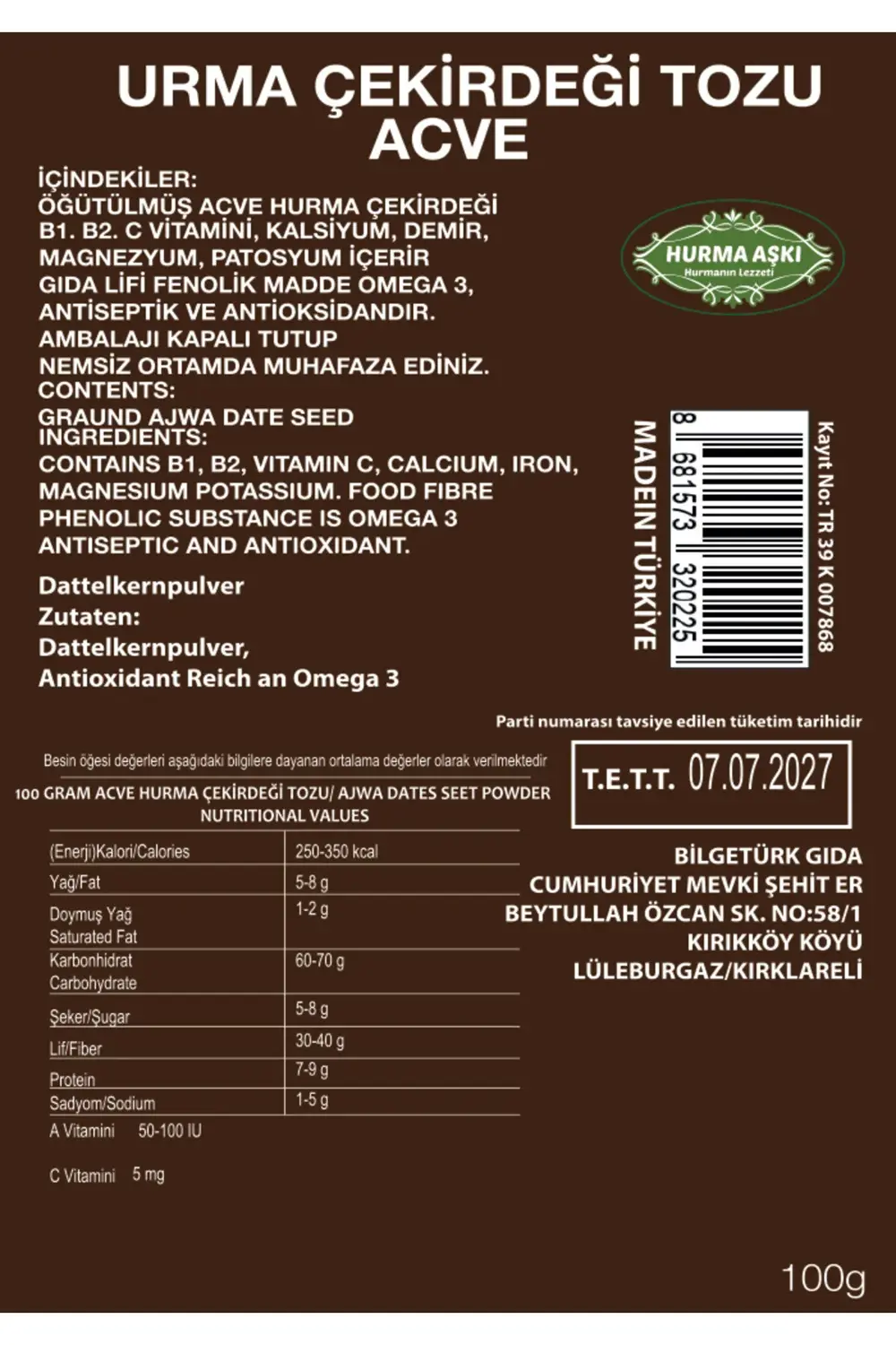 Acve Hurma Çekirdeği Tozu 100 Gr