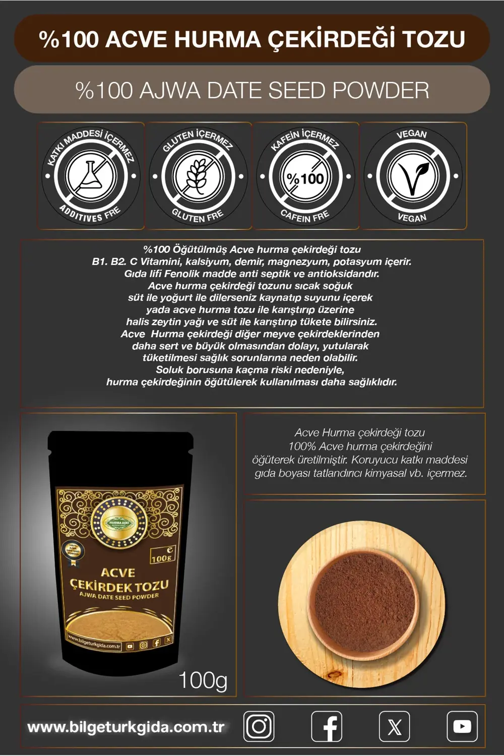 Acve Hurma Çekirdeği Tozu 100GrX3=300Gr