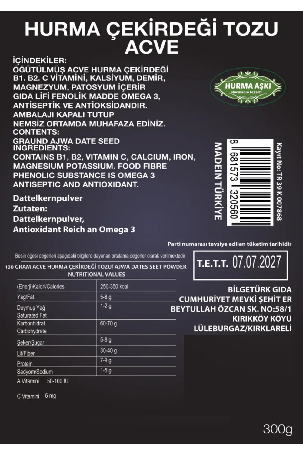 Acve Hurma Çekirdeği Tozu 300GrX3=900Gr