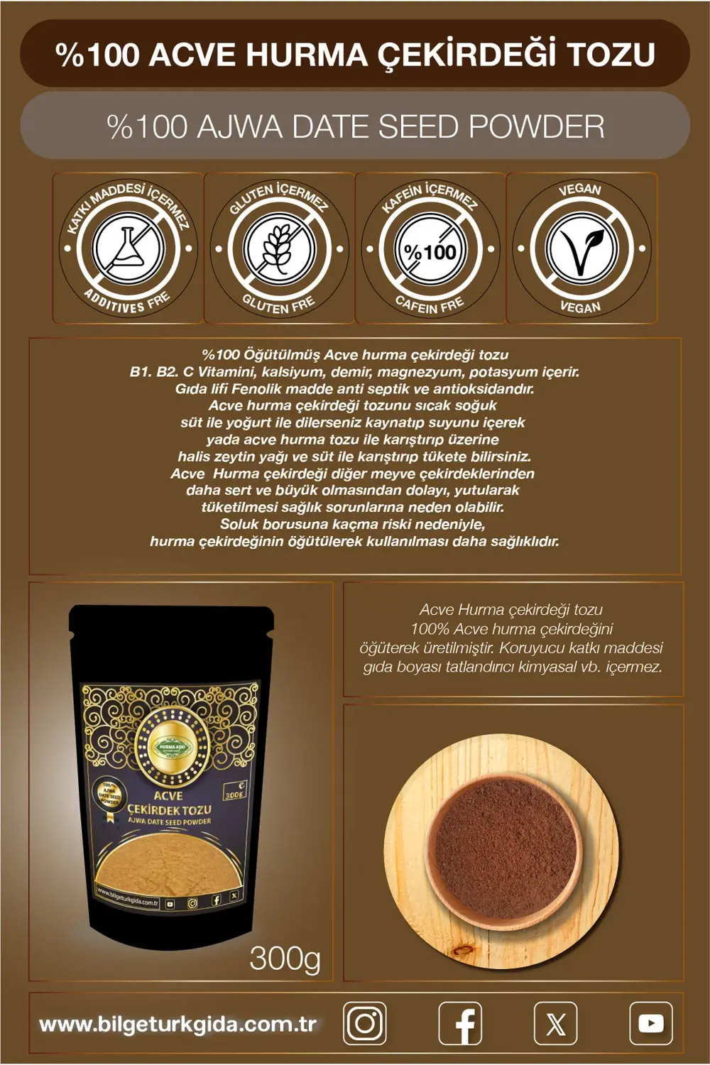 Acve Hurma Çekirdeği Tozu 300GrX3=900Gr