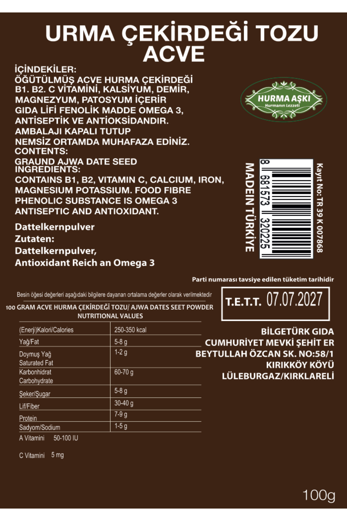 Acve Hurma Çekirdeği Tozu 100GrX3=300Gr