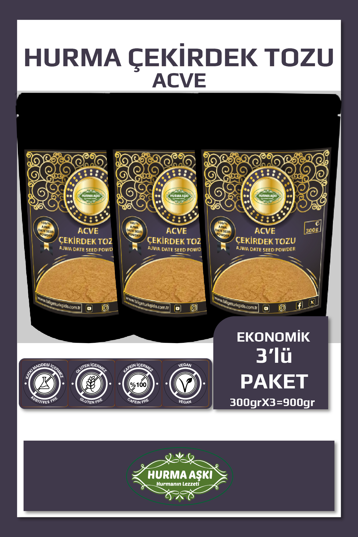 Acve Hurma Çekirdeği Tozu 300GrX3=900Gr