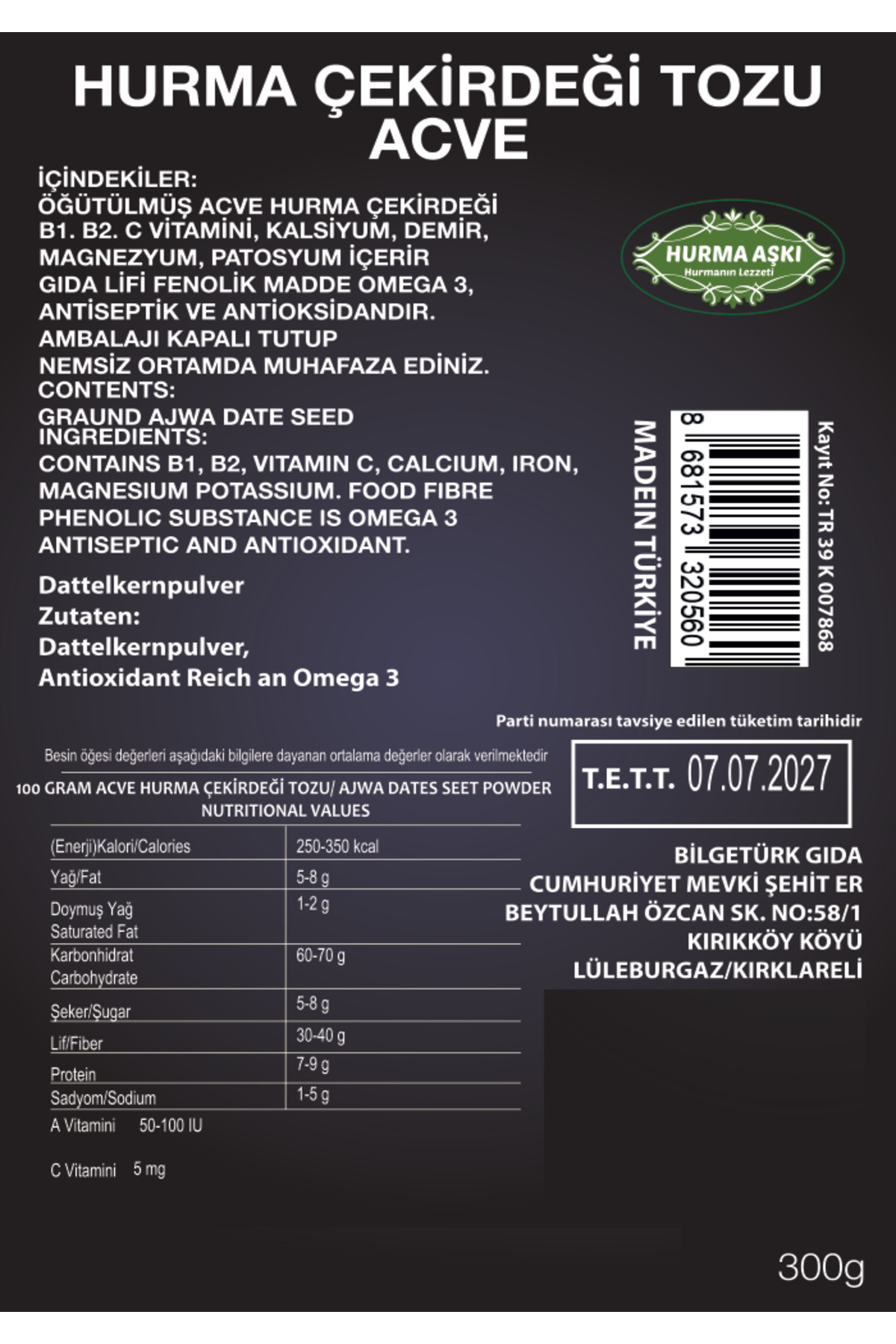 Acve Hurma Çekirdeği Tozu 300GrX3=900Gr