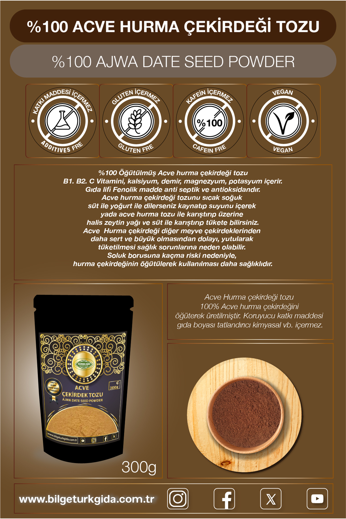 Acve Hurma Çekirdeği Tozu 300GrX3=900Gr