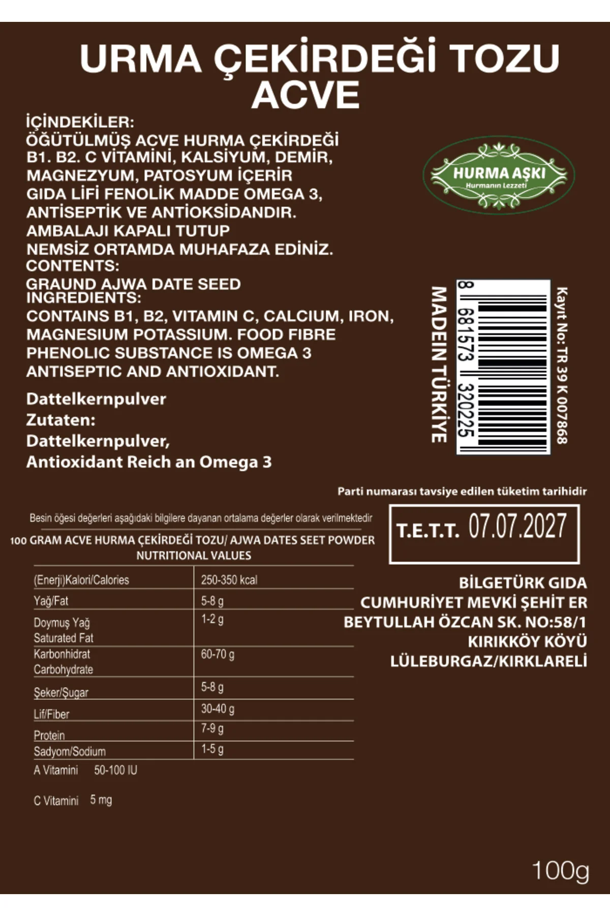 Acve Hurma Çekirdeği Tozu 100 Gr Acve Hurma Çekirdeği Tozu 100 Gr