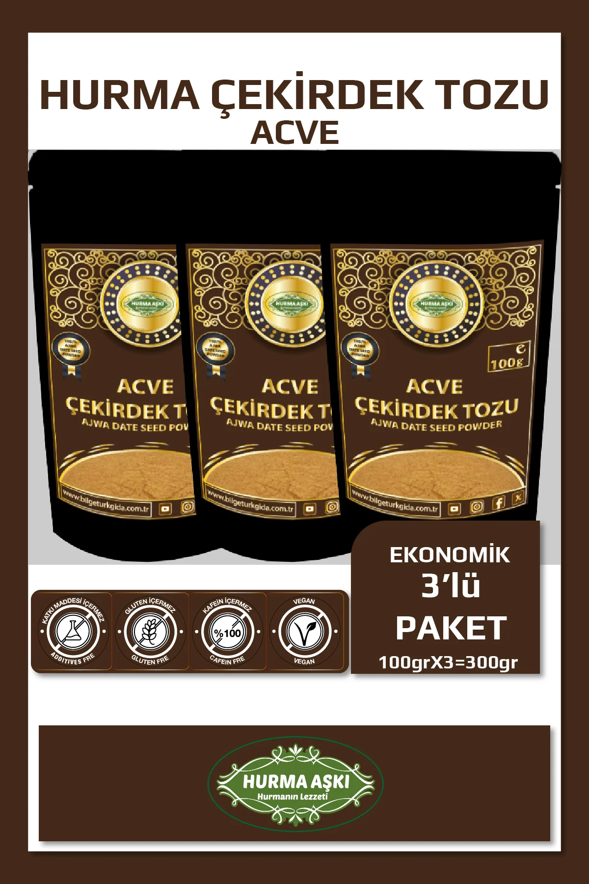 Acve Hurma Çekirdeği Tozu 100GrX3=300Gr Acve Hurma Çekirdeği Tozu 100GrX3=300Gr