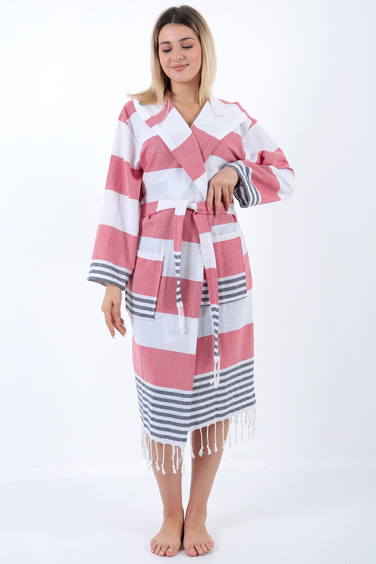 Buldan Concept Ada Peştemal Bornoz Kırmızı-Lacivert