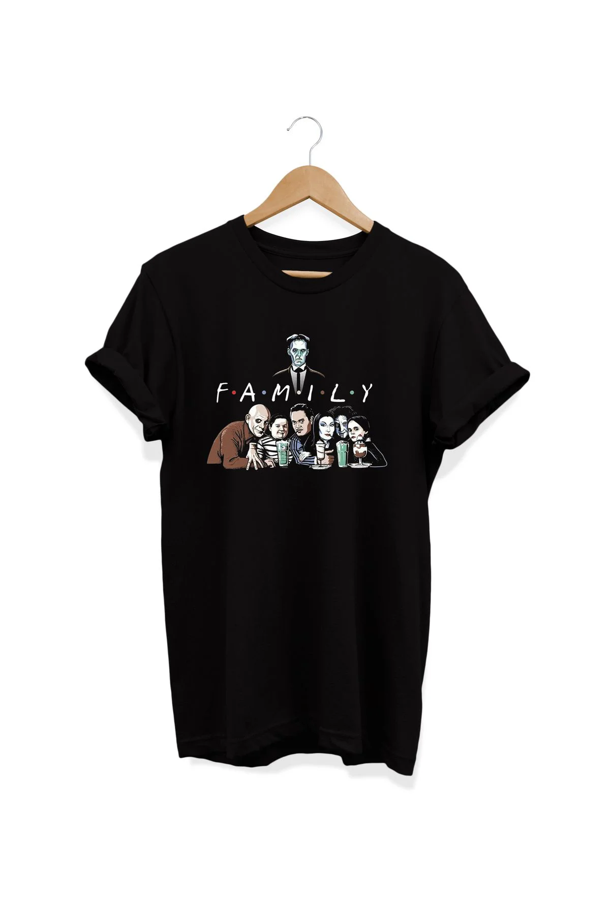 , Addams Friends Baskılı, %100 Pamuk, Bisiklet Yaka, Basic T-shir