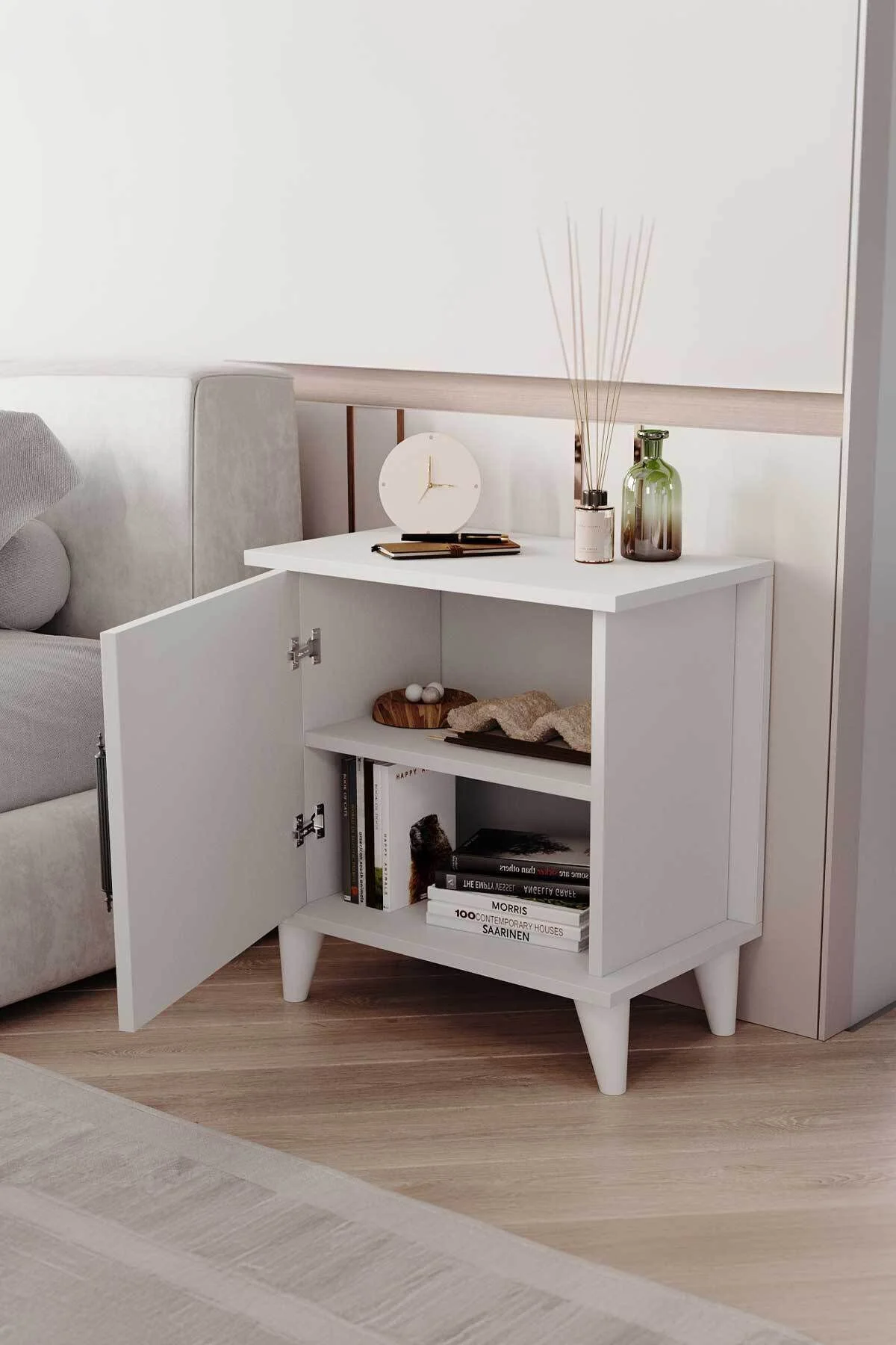 Adela Raflı Modern Komodin Beyaz