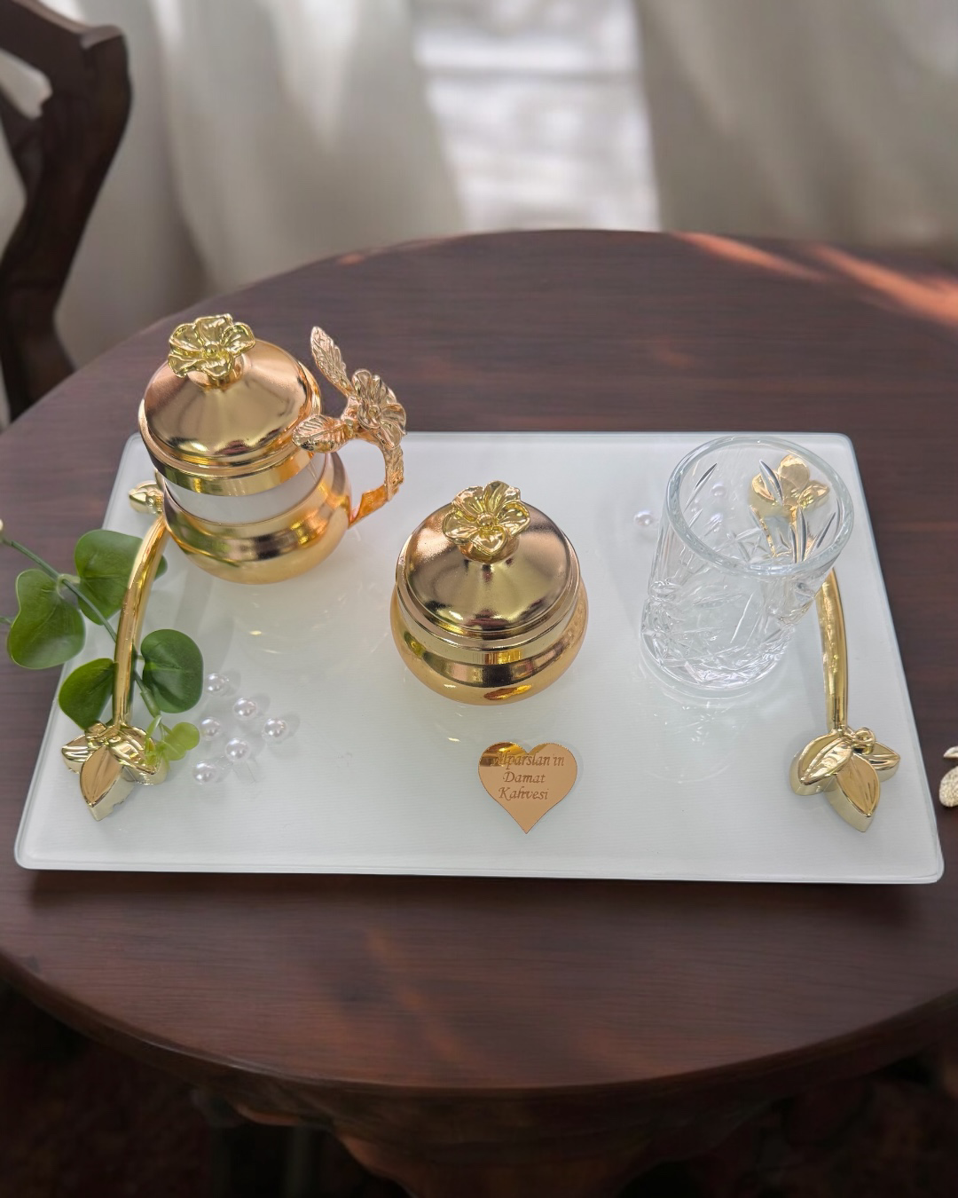 Cyzhome Adore Gold Beyaz İncili Söz Tepsisi Nişan Tepsisi Ve Damat Kahve 