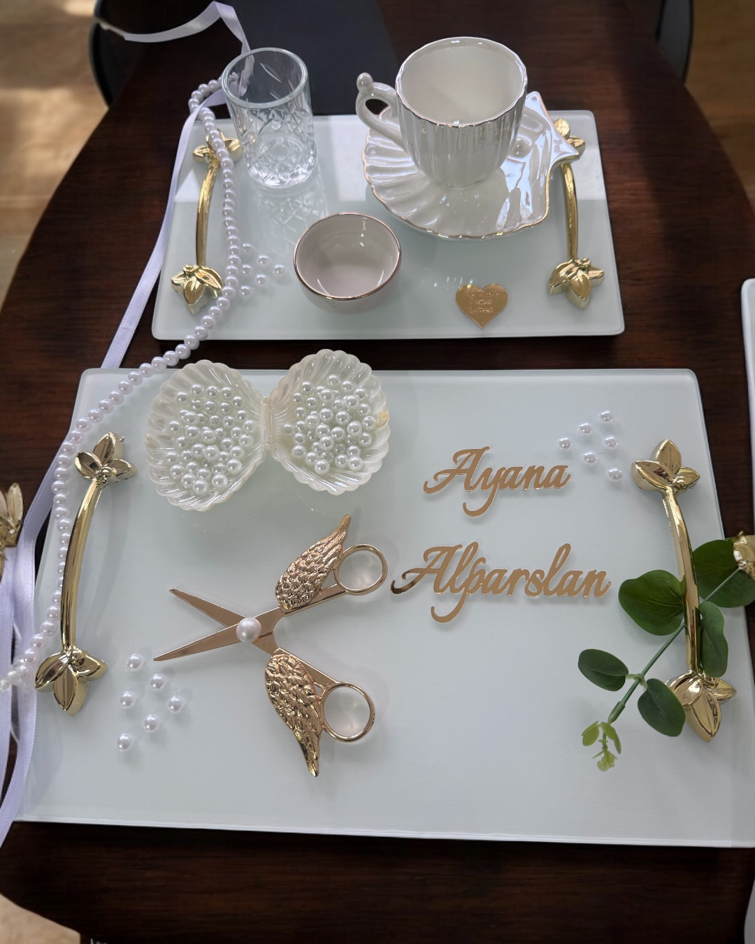 Cyzhome Adore Gold Beyaz İncili Söz Tepsisi Nişan Tepsisi Ve Damat Kahve 