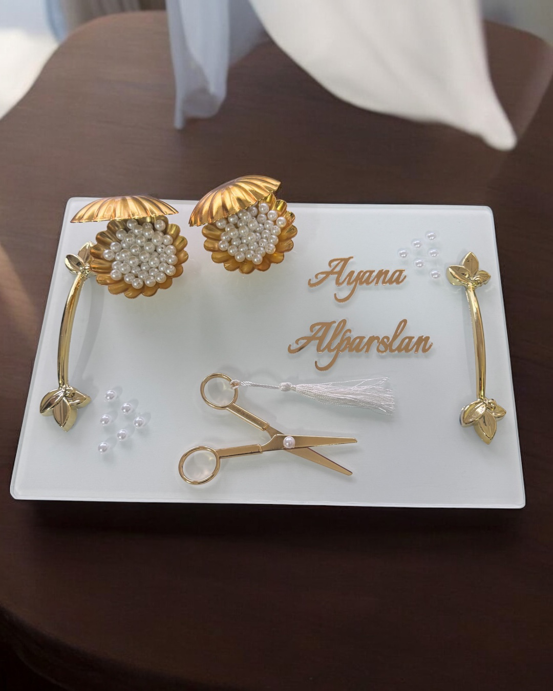 Cyzhome Adore Gold Beyaz İncili Söz Tepsisi Nişan Tepsisi Ve Damat Kahve 