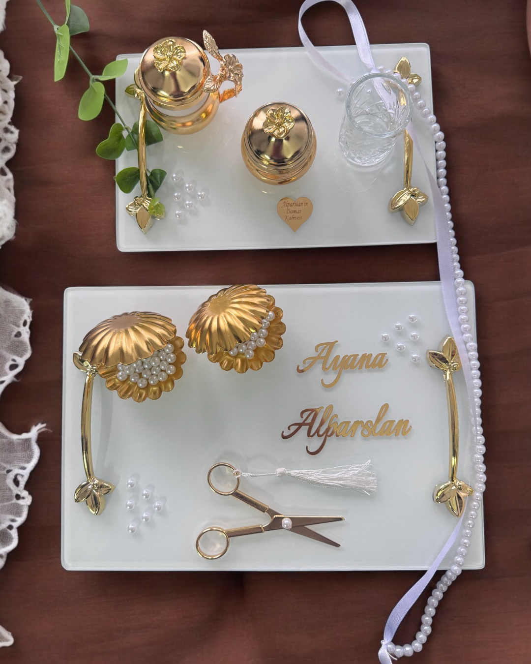 Cyzhome Adore Gold Beyaz İncili Söz Tepsisi Nişan Tepsisi Ve Damat Kahve 