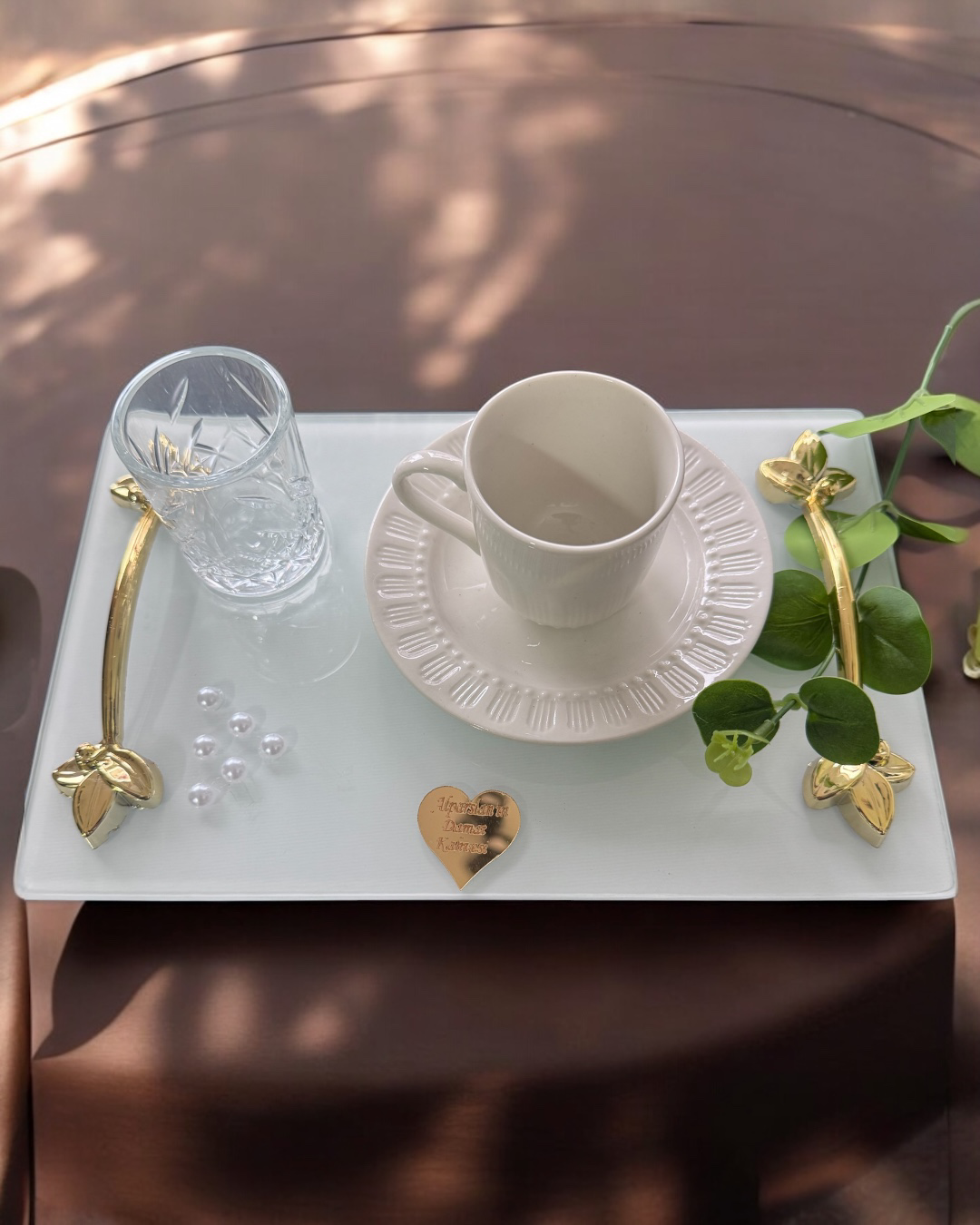 Cyzhome Adore Gold Beyaz İncili Söz Tepsisi Nişan Tepsisi Ve Damat Kahve 