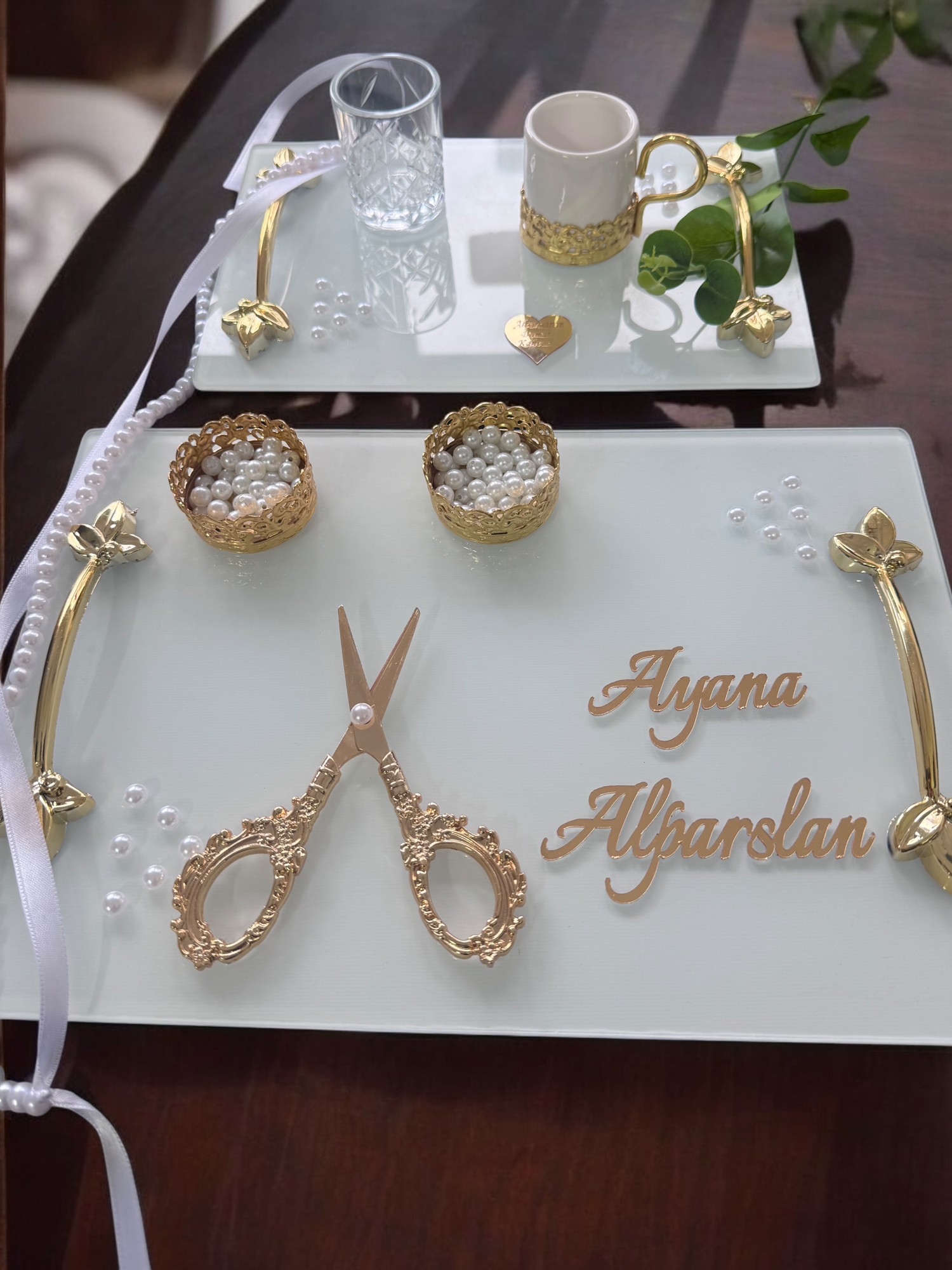 Cyzhome Adore Gold Beyaz İncili Söz Tepsisi Nişan Tepsisi Ve Damat Kahve 