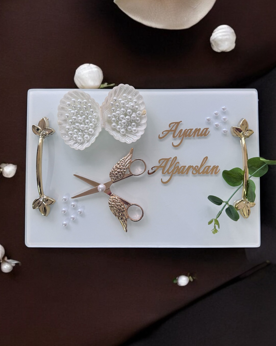 Cyzhome Adore Gold Beyaz İncili Söz Tepsisi Nişan Tepsisi Ve Damat Kahve 