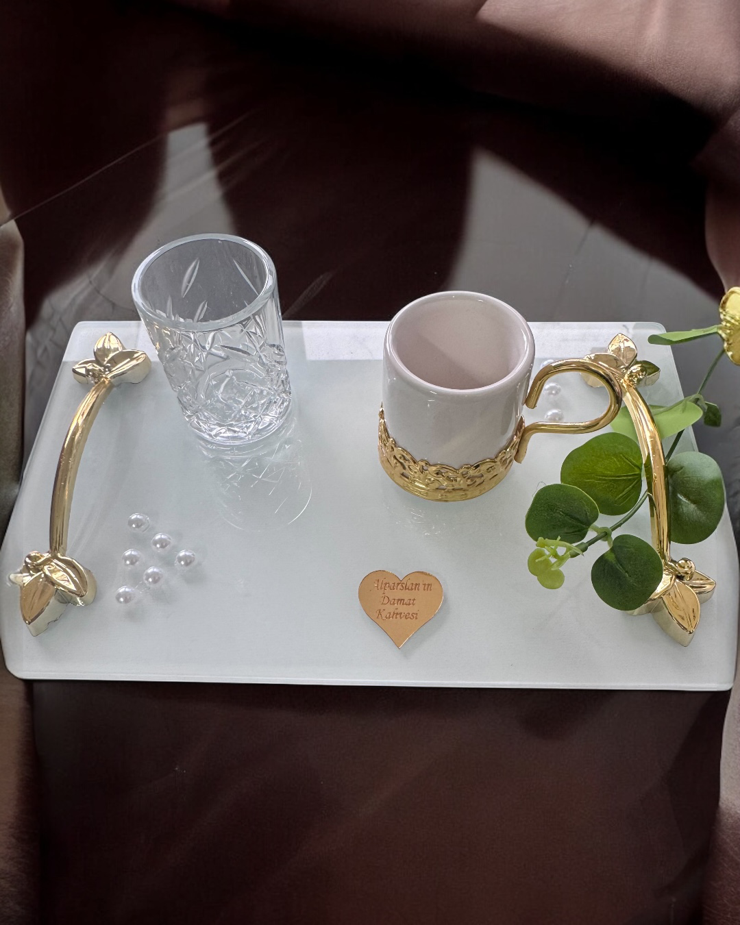 Cyzhome Adore Gold Beyaz İncili Söz Tepsisi Nişan Tepsisi Ve Damat Kahve 