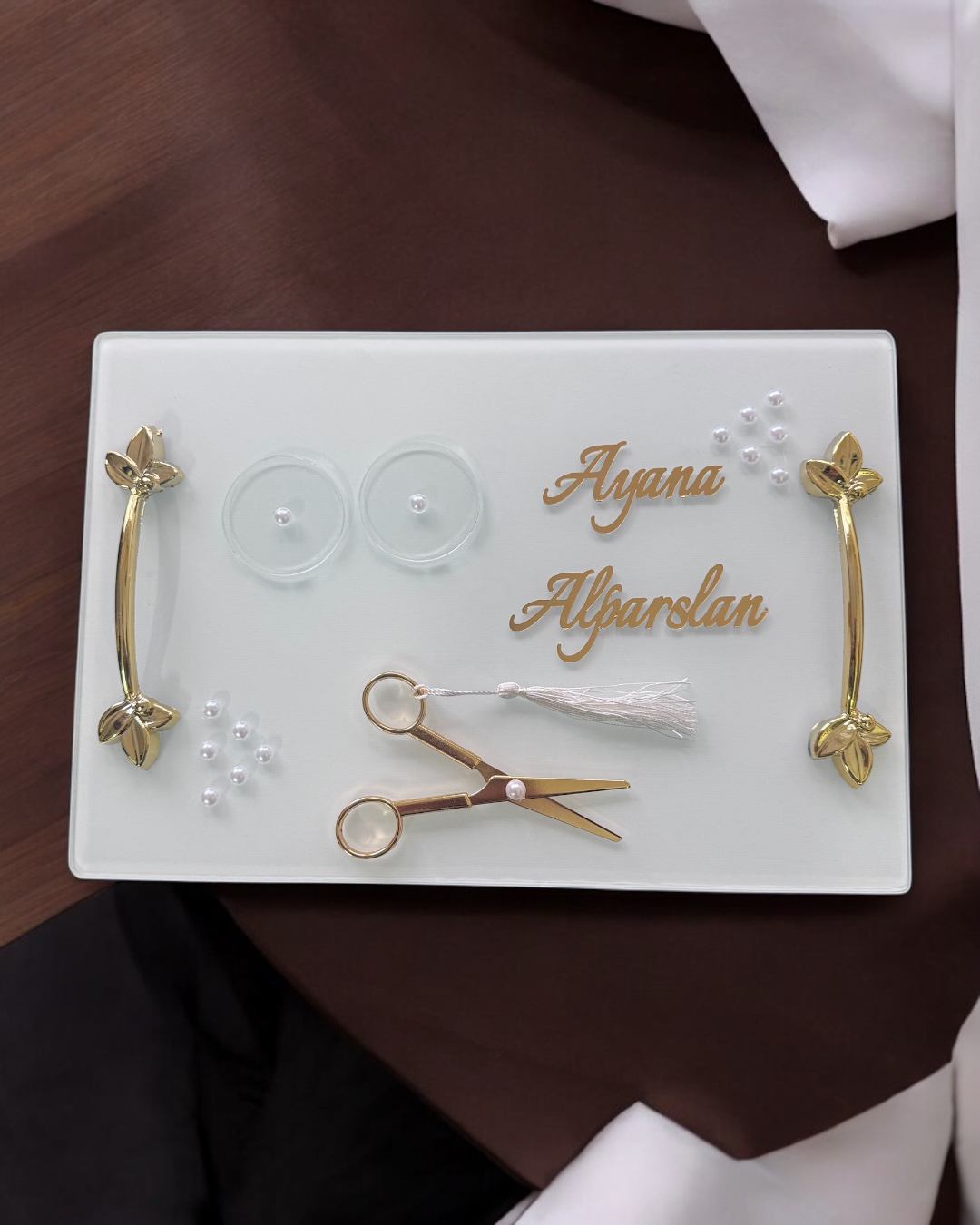 Cyzhome Adore Gold Beyaz İncili Söz Tepsisi Nişan Tepsisi Ve Damat Kahve 