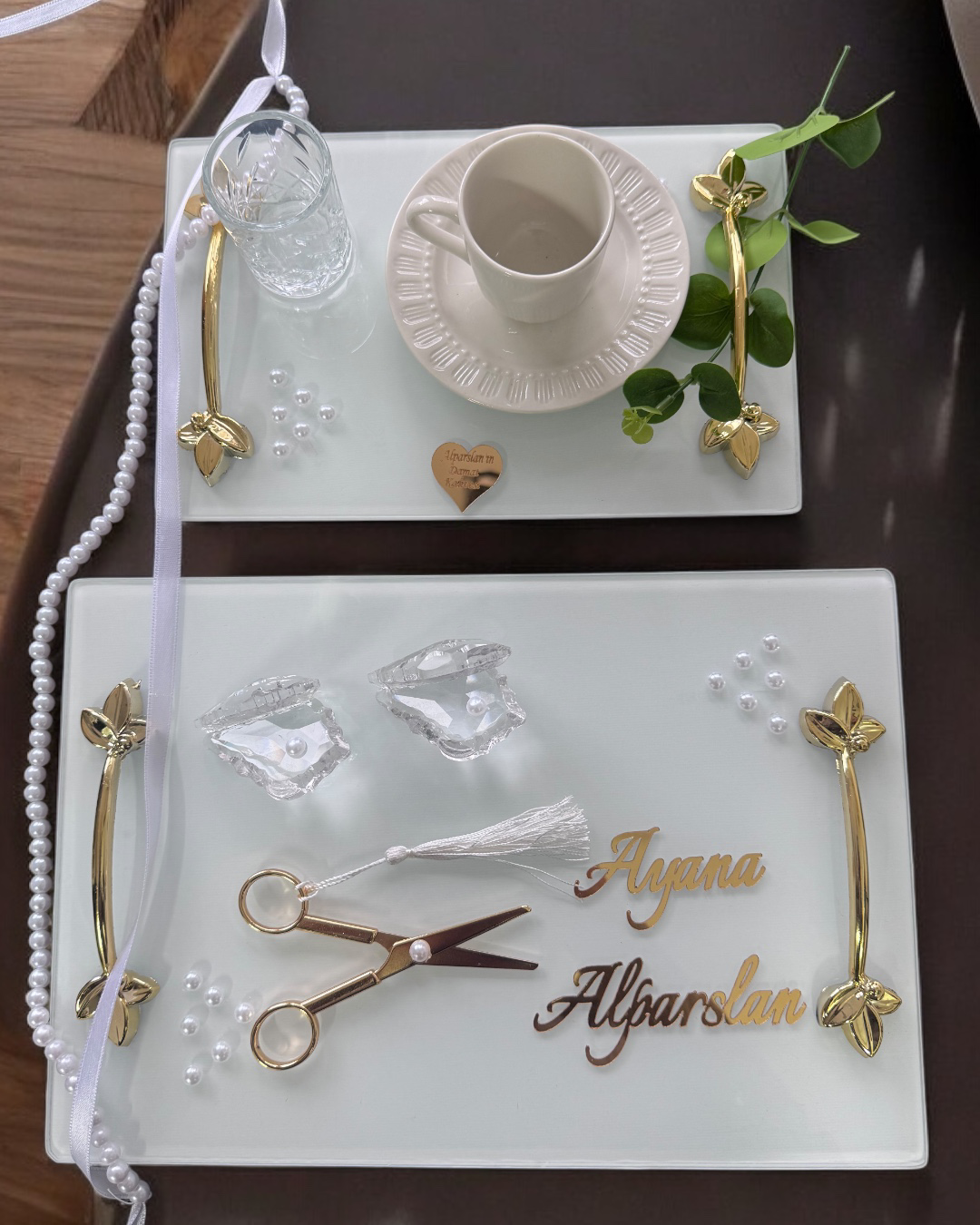 Adore Gold Beyaz İncili Söz Tepsisi Nişan Tepsisi ve Damat Kahve 