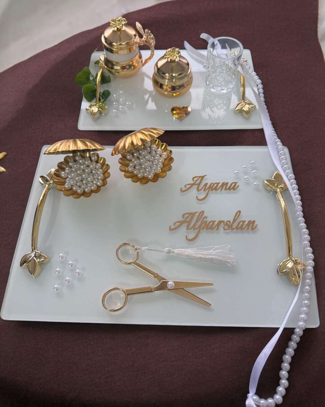Adore Gold Beyaz İncili Söz Tepsisi Nişan Tepsisi ve Damat Kahve 