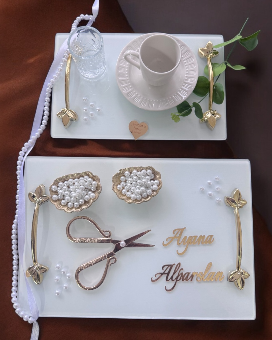 Cyzhome Adore Gold Beyaz İncili Söz Tepsisi Nişan Tepsisi Ve Damat Kahve 